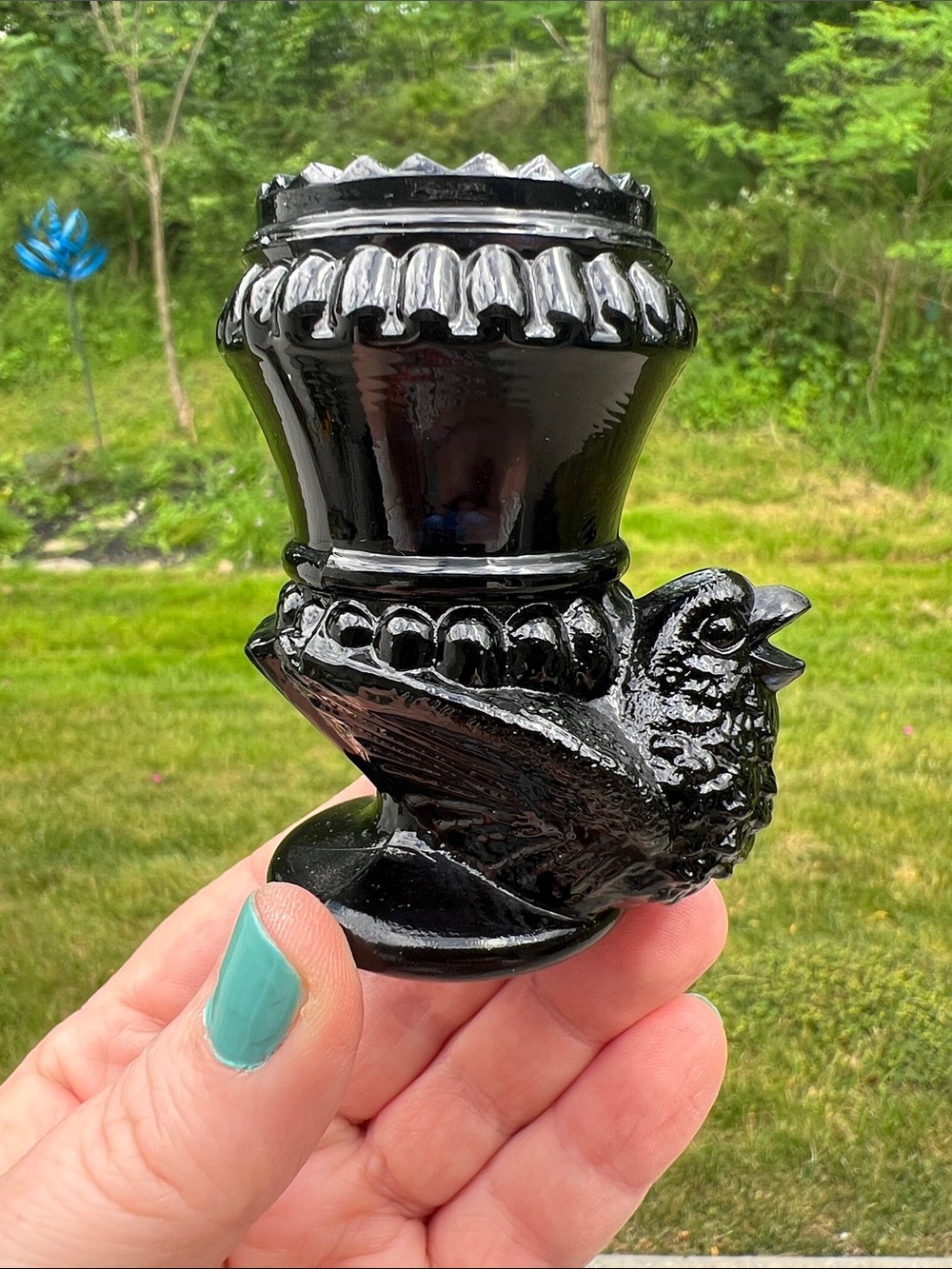 Vintage Degenhart Hen on Nest Black Cobalt Blue Glass Bird Qtip Toothpick Holder